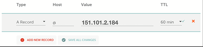 Namecheap Advanced DNS: A record with host @ pointing to 151.101.2.184