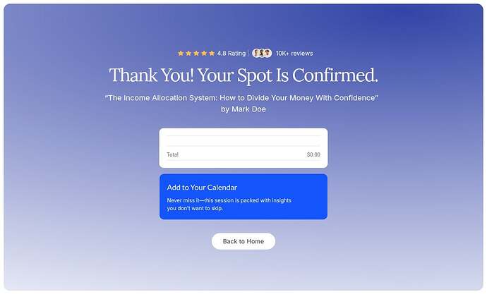 Webinar thank you page with calendar button