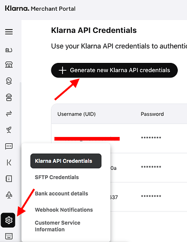 Username and Password from the Klarna Merchant Portal