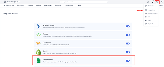 Google Sheets integration panel
