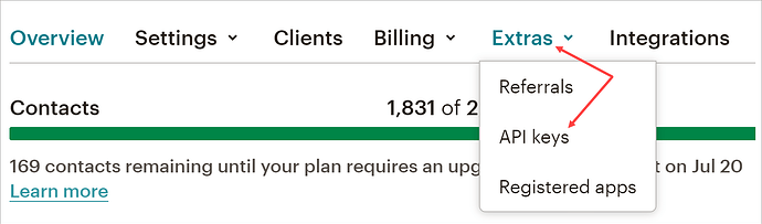 MailChimp API keys menu