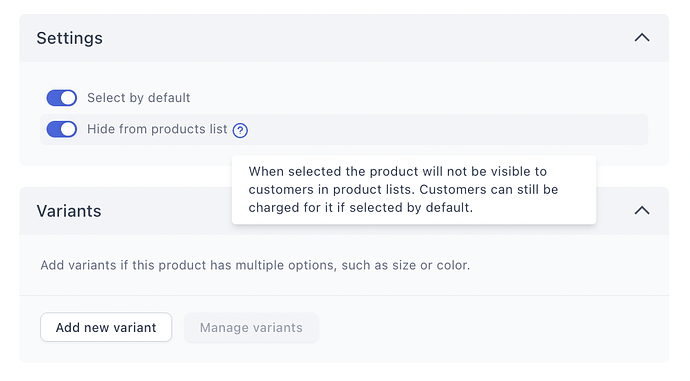 Select by default and Hide from products list