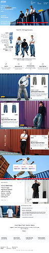 Barrel Jeans Home Page - Unisex barrel jeans store home page with three denim colorways, ratings, and materials section