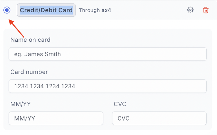 Assigning a default payment method with the radio buttons
