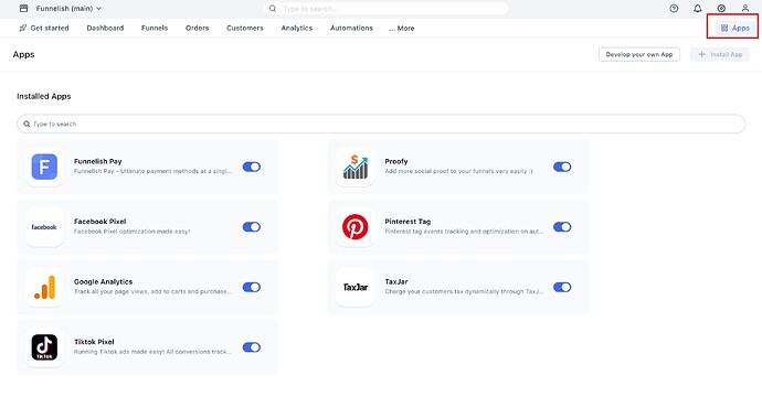Apps tab inside a funnel