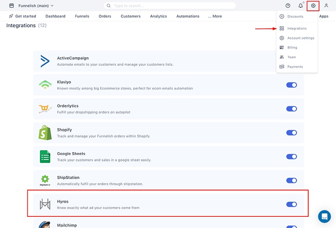 Funnelish integrations menu