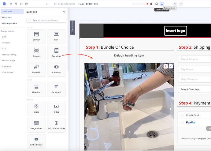 The Funnelish Drag and Drop Page Editor interface
