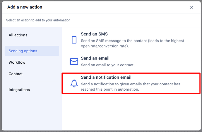 Choosing Send a notification email