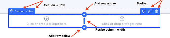 Row and section toolbars, and the plus circles for new rows