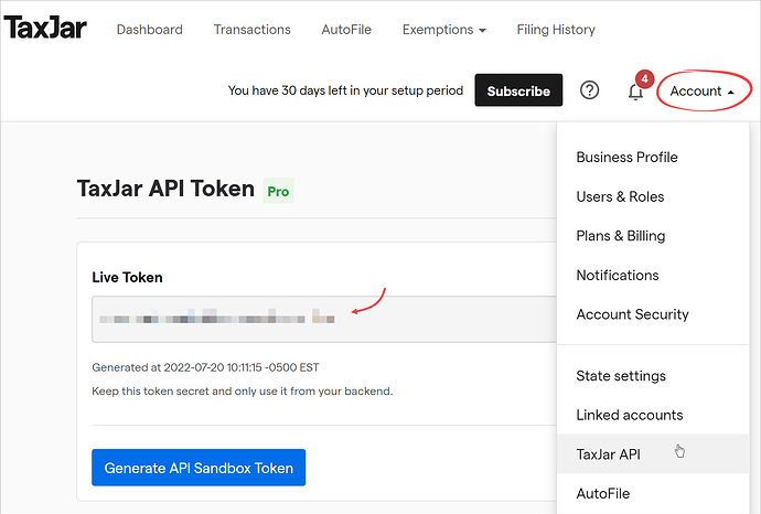 Copying the API key from your TaxJar account