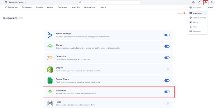 Opening the ShipStation integration in Funnelish