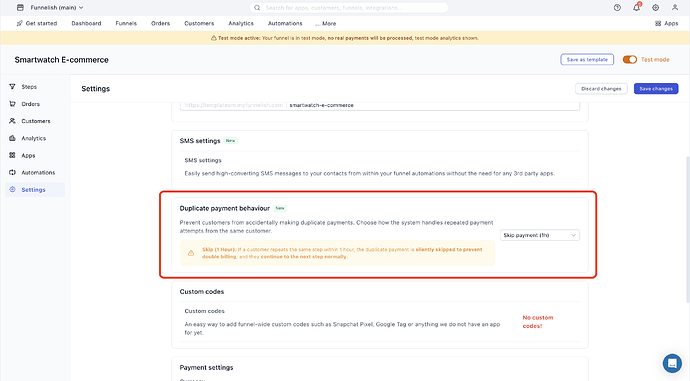 Funnelish Funnel > Settings > Duplicate payment behaviour