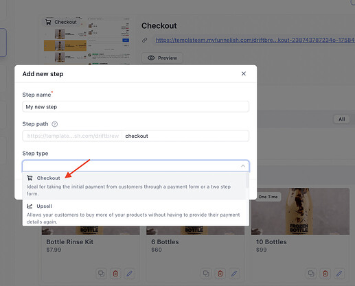 Setting the step type to Checkout