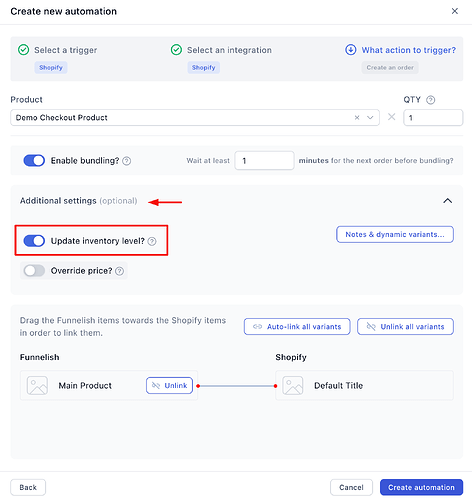Toggling the update inventory level setting