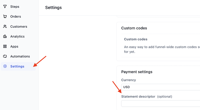 Setting the statement descriptor in funnel settings
