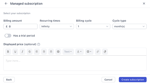 Configuring billing amount, recurrence and cycle