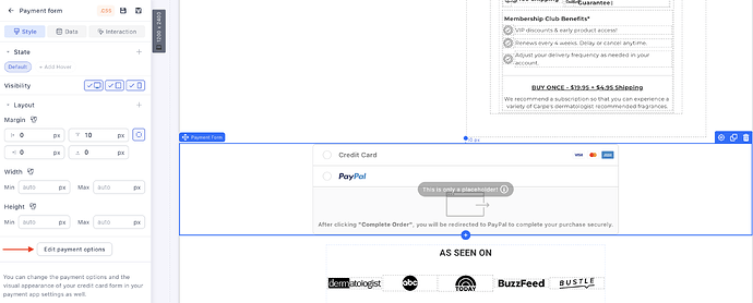 Editing payment options from the editor