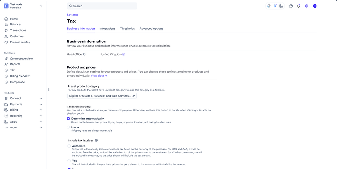 Stripe Dashboard tax settings
