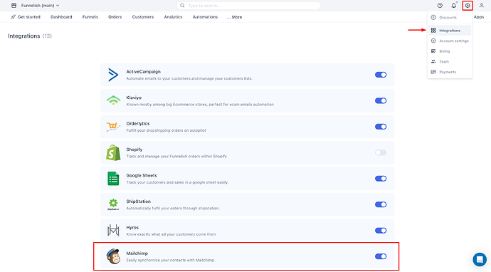 Turn on MailChimp integration