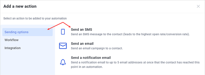Choosing Send an SMS