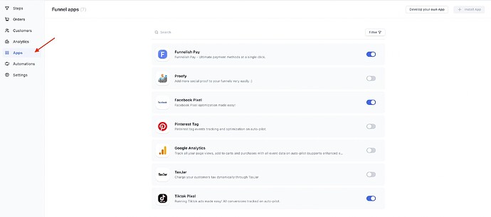Global Apps page in Funnelish