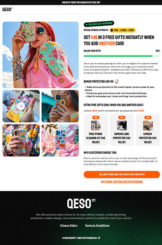 Phone case upsell page unlocking three free gifts with an extra case
