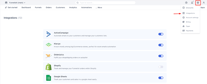 Funnelish settings icon