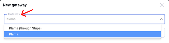 Selecting Klarna in the Gateway field
