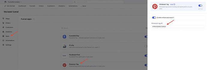 Enabling the Pinterest Tag app inside the Apps tab