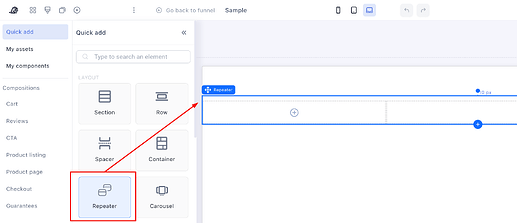 Selecting the Repeater in the elements panel