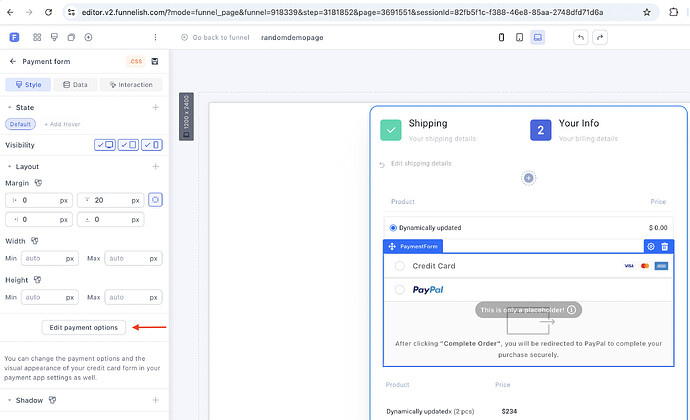 Opening payment options in Funnelish