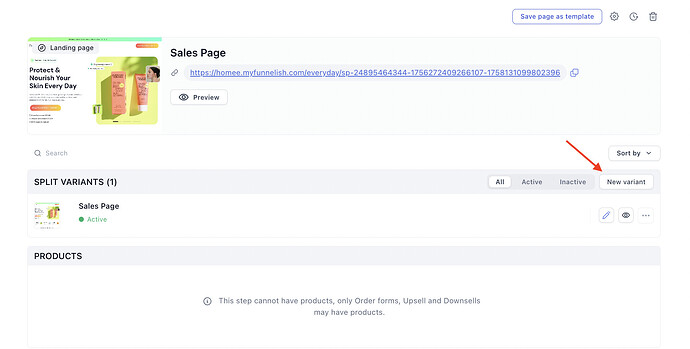 Creating a new AB split test variant in Funnelish