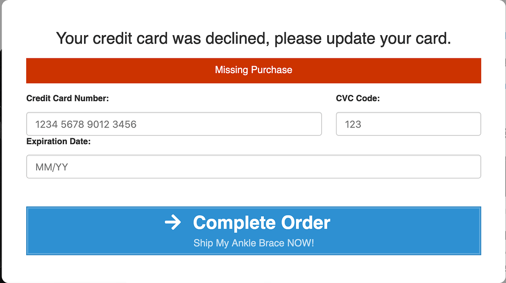 Error "Your credit card was declined, please update your card" (with 