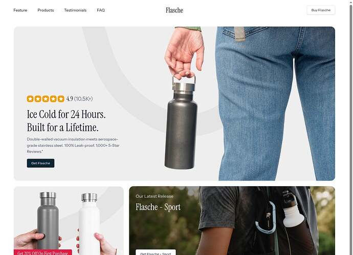 Water bottle store landing page