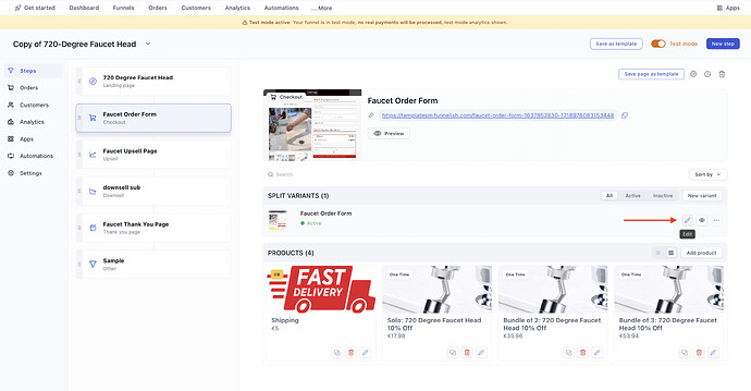Clicking the Edit Page button in Funnelish