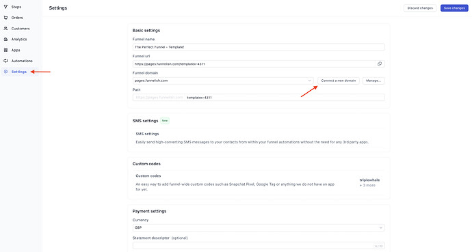 Funnelish funnel settings: Connect a new domain
