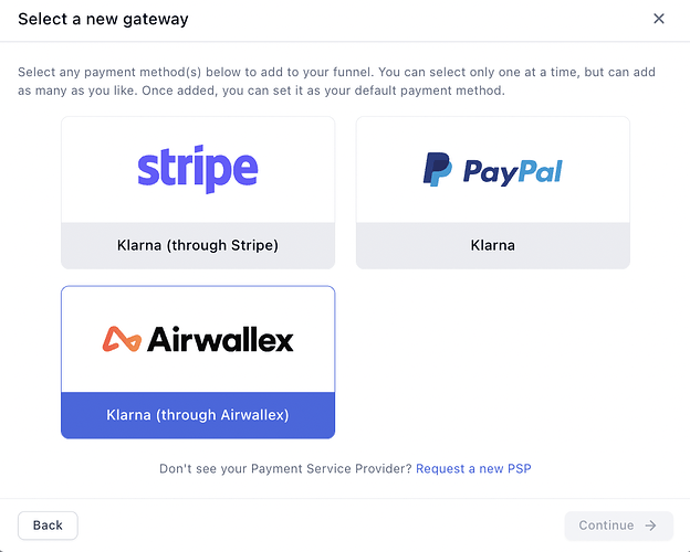 Connecting the Klarna through Airwallex gateway