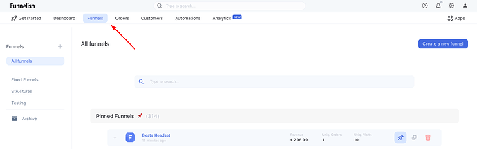 Funnelish dashboard highlighting the Funnels tab