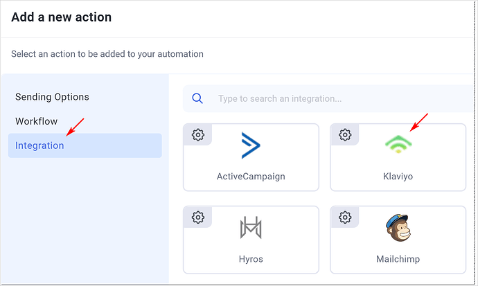 Select Klaviyo from the integrations list