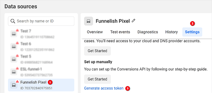 Generating a Conversions API access token in Meta settings