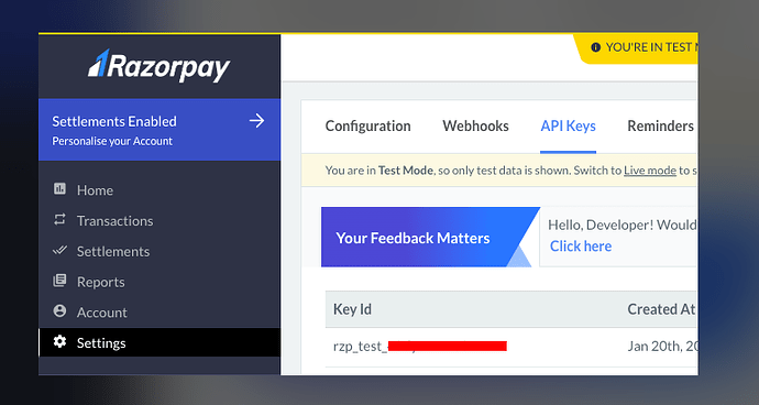 Generating RazorPay API keys