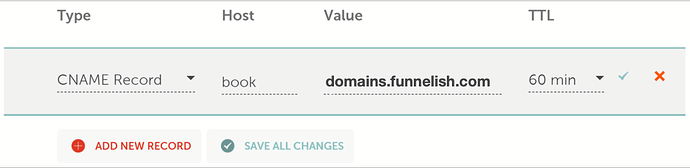 Namecheap Advanced DNS: CNAME record pointing the subdomain prefix to domains.funnelish.com