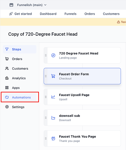 Automations menu in Funnelish