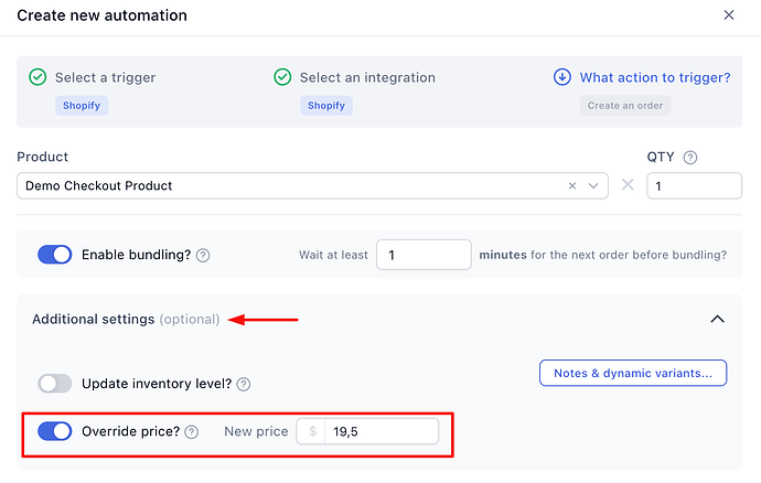 Toggling the override price setting