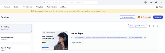 The Test Mode toggle in the funnel's top bar