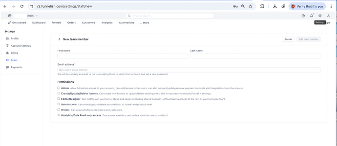 Adding a team member and setting permissions