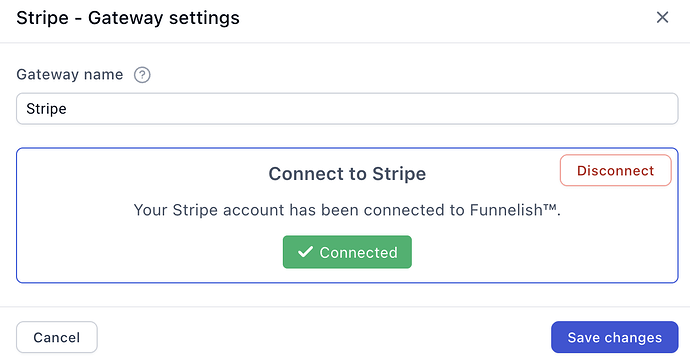 The connected Stripe gateway shown in the payment methods list