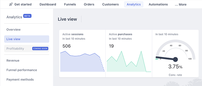 Live view showing real-time sessions, purchases and conversion rate