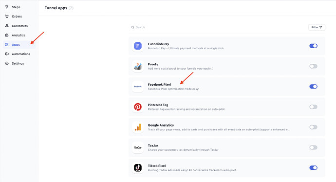 Enabling the Meta Pixel app inside the Apps tab