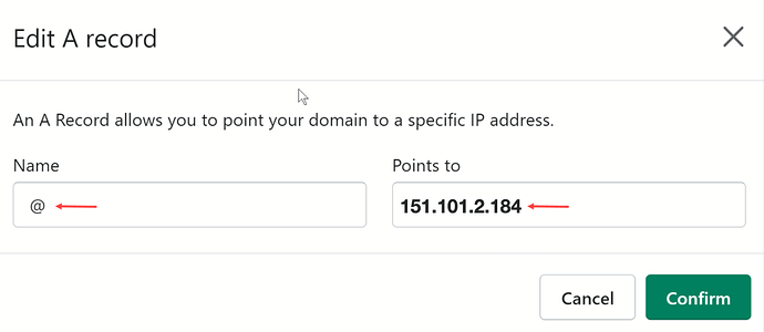 Shopify DNS settings: A record with name @ pointing to 151.101.2.184